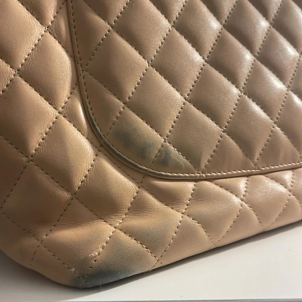 CHANEL Beige Quilted Tote with Black Accents